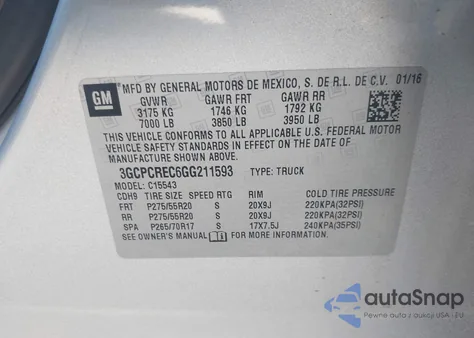 2016 Chevrolet Silverado 1500 1Lt из США, поврежденный, VIN 3GCPCREC6GG211593